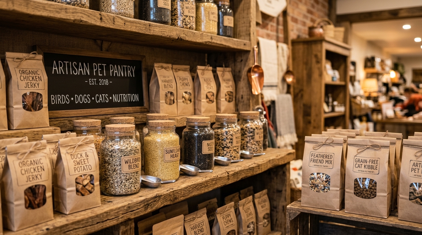 Rustic shelves at Bella's Pantry filled with glass jars of seeds and artisan pet treats